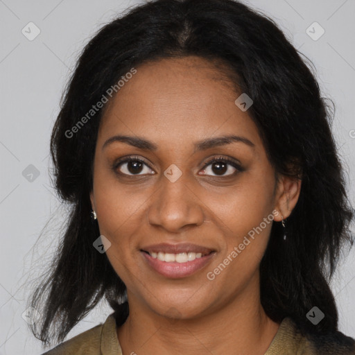 Joyful black young-adult female with medium  brown hair and brown eyes