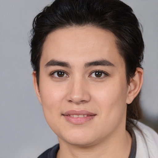 Joyful white young-adult female with medium  brown hair and brown eyes