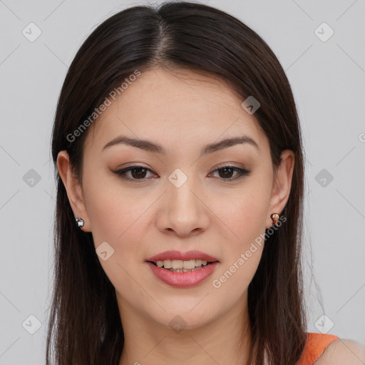 Joyful asian young-adult female with long  brown hair and brown eyes