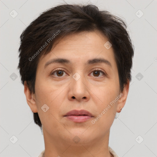 Neutral white adult female with short  brown hair and brown eyes