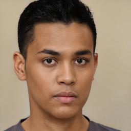 Neutral latino young-adult male with short  black hair and brown eyes