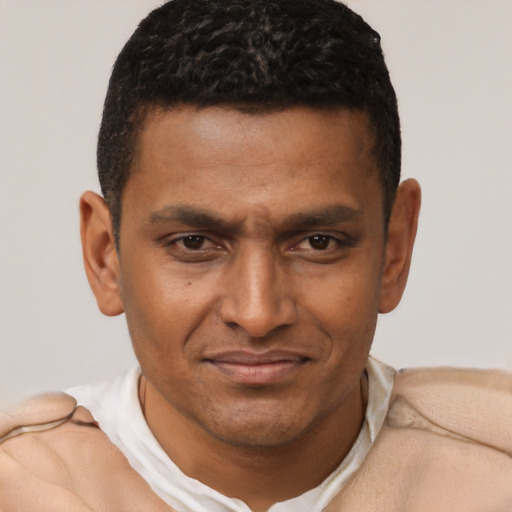Joyful black young-adult male with short  brown hair and brown eyes