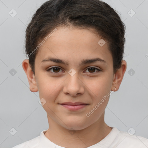 Joyful white child female with short  brown hair and brown eyes