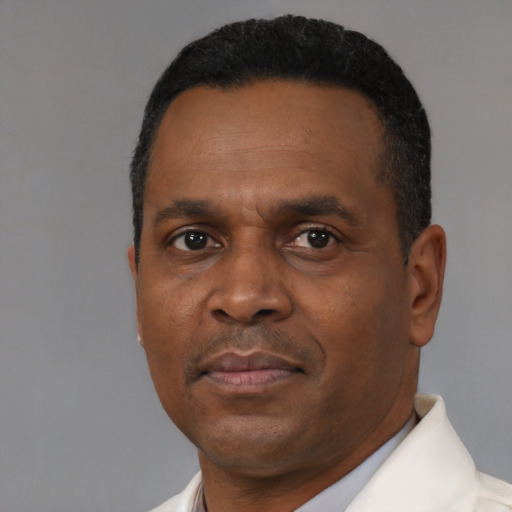 Neutral black adult male with short  black hair and brown eyes