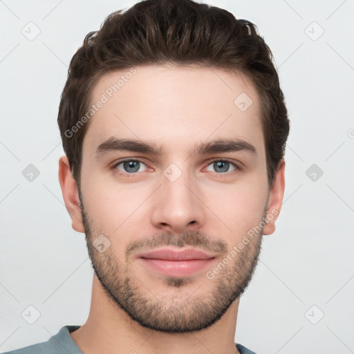 Neutral white young-adult male with short  brown hair and brown eyes