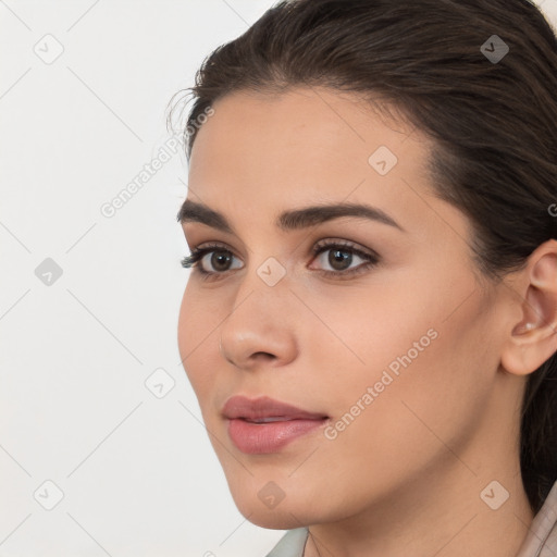 Neutral white young-adult female with medium  brown hair and brown eyes