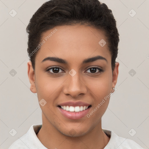 Joyful latino young-adult female with short  brown hair and brown eyes