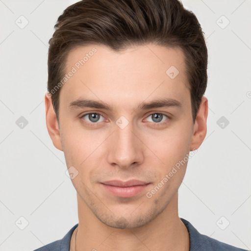 Neutral white young-adult male with short  brown hair and brown eyes