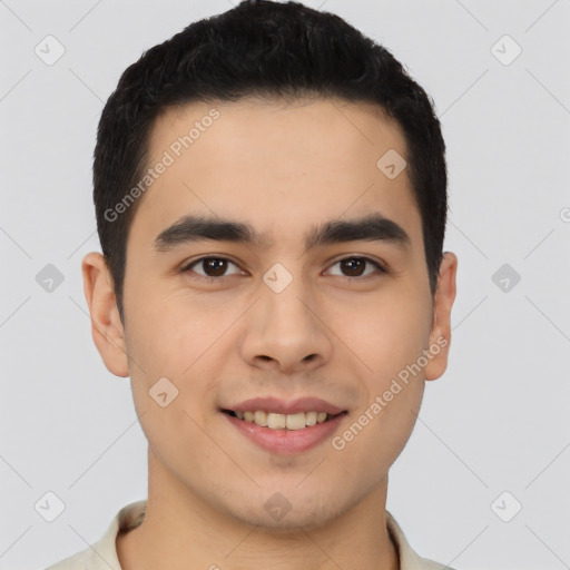 Joyful white young-adult male with short  black hair and brown eyes