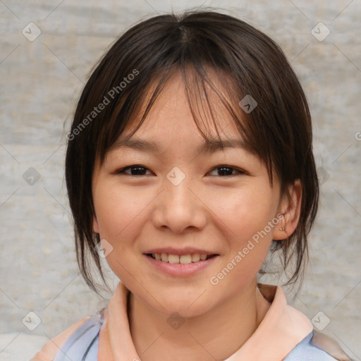 Joyful white child female with medium  brown hair and brown eyes