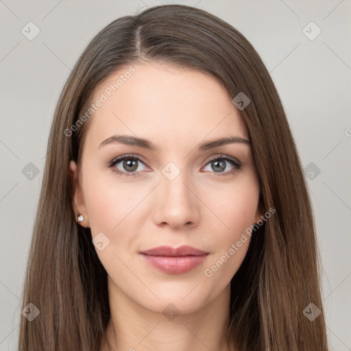 Neutral white young-adult female with long  brown hair and brown eyes