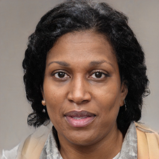 Joyful black adult female with medium  black hair and brown eyes