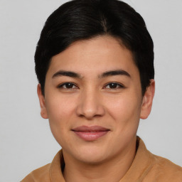 Joyful asian young-adult female with short  black hair and brown eyes