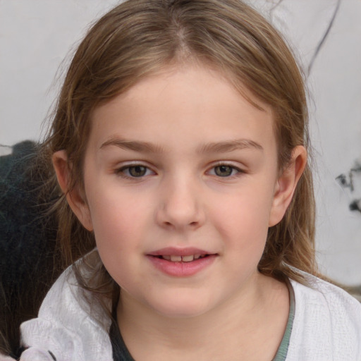 Joyful white child female with medium  brown hair and grey eyes