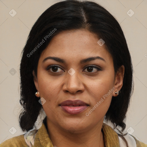 Joyful black young-adult female with medium  brown hair and brown eyes