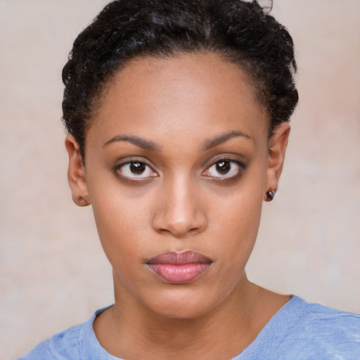 Neutral black young-adult female with short  black hair and brown eyes
