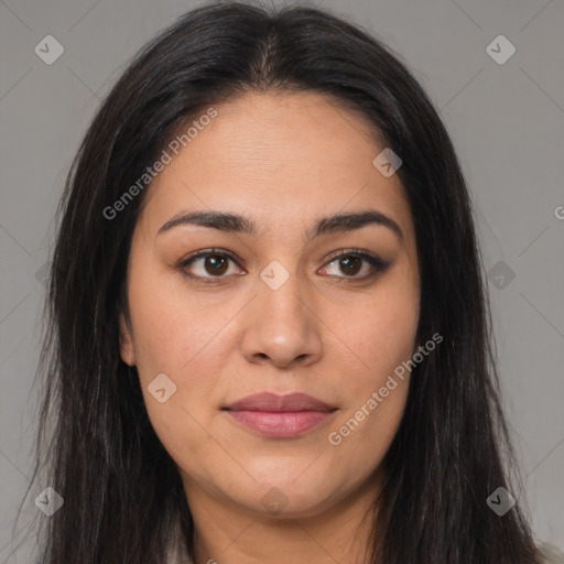 Joyful latino young-adult female with long  brown hair and brown eyes