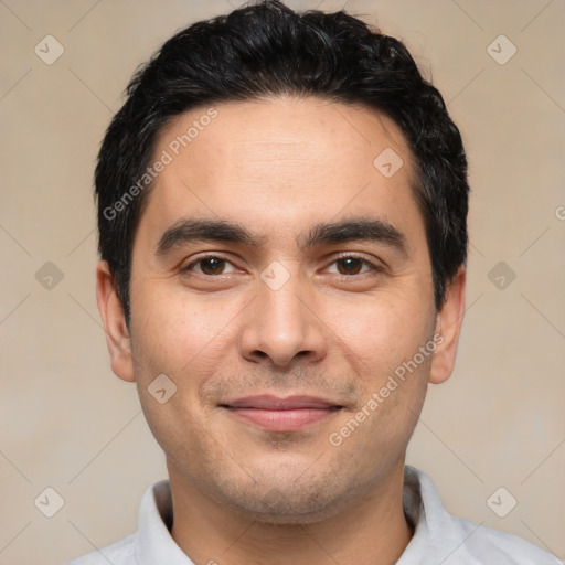 Joyful white young-adult male with short  black hair and brown eyes