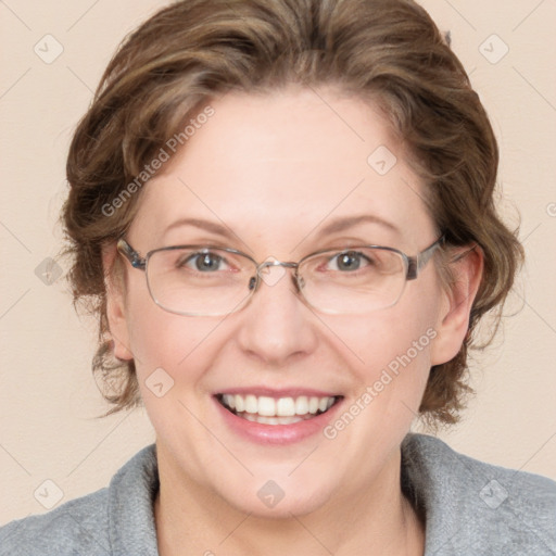 Joyful white adult female with medium  brown hair and blue eyes