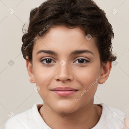 Joyful white child female with short  brown hair and brown eyes