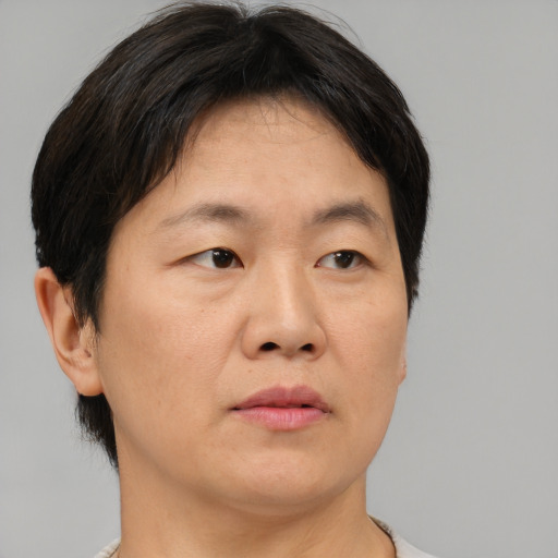 Neutral asian adult female with short  brown hair and brown eyes