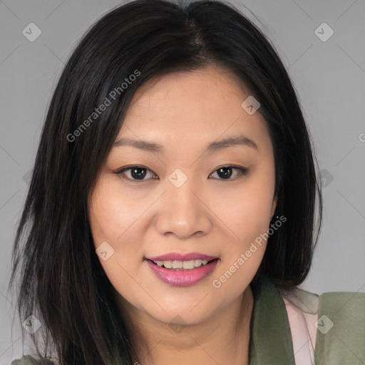 Joyful asian young-adult female with medium  brown hair and brown eyes