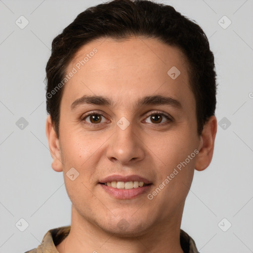 Joyful white young-adult male with short  brown hair and brown eyes