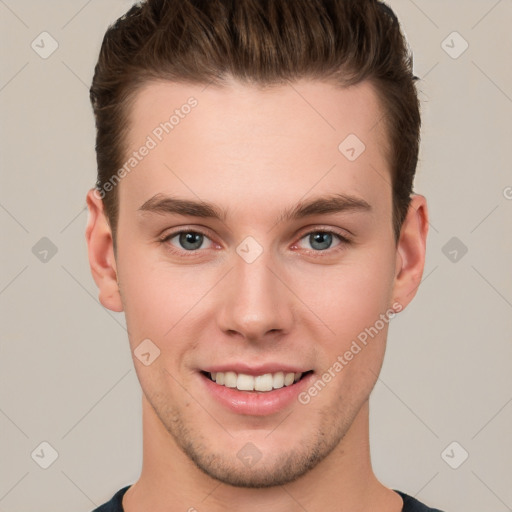 Joyful white young-adult male with short  brown hair and brown eyes