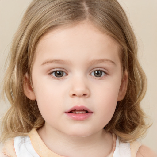 Neutral white child female with medium  brown hair and grey eyes