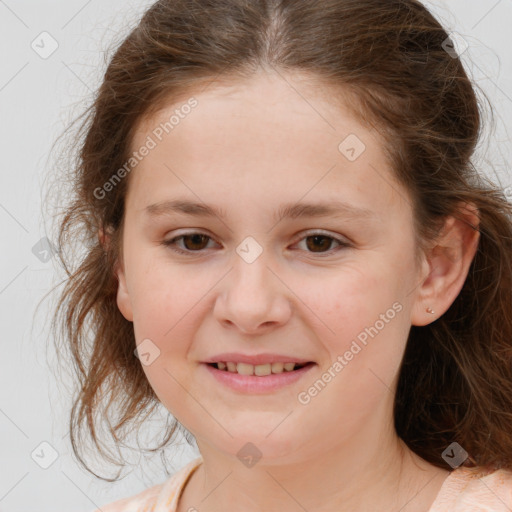 Joyful white child female with medium  brown hair and brown eyes