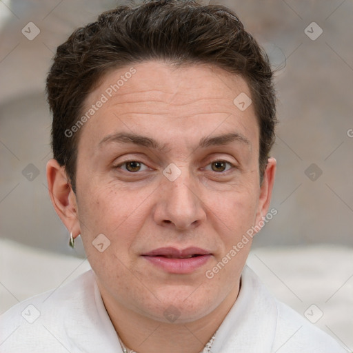 Joyful white adult male with short  brown hair and grey eyes