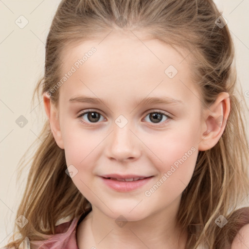 Joyful white child female with medium  brown hair and grey eyes