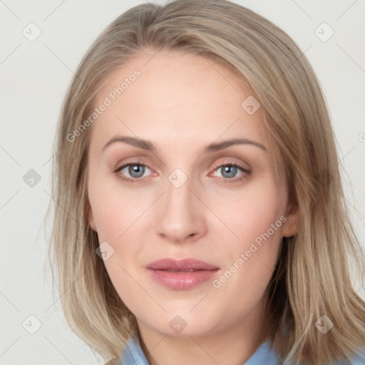 Neutral white young-adult female with medium  brown hair and grey eyes