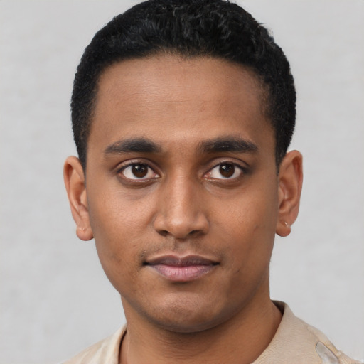Neutral black young-adult male with short  black hair and brown eyes