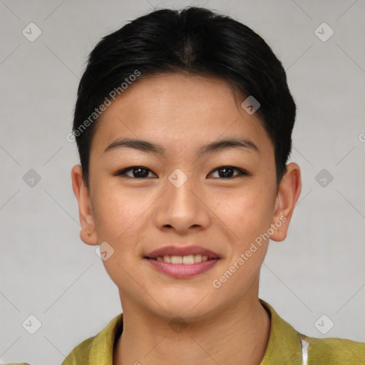 Joyful asian young-adult female with short  brown hair and brown eyes