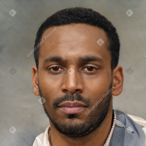Neutral latino young-adult male with short  black hair and brown eyes
