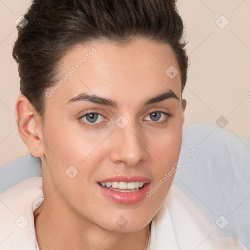 Joyful white young-adult female with short  brown hair and brown eyes