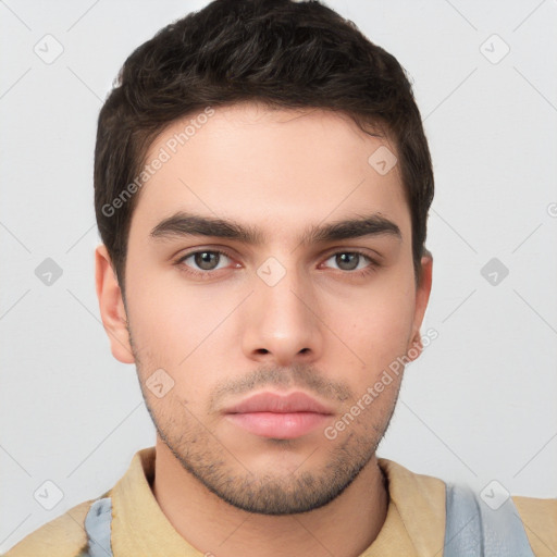 Neutral white young-adult male with short  brown hair and brown eyes