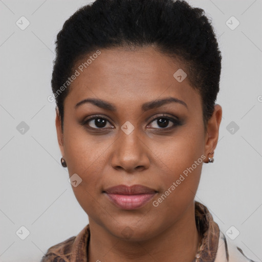 Joyful black young-adult female with short  brown hair and brown eyes