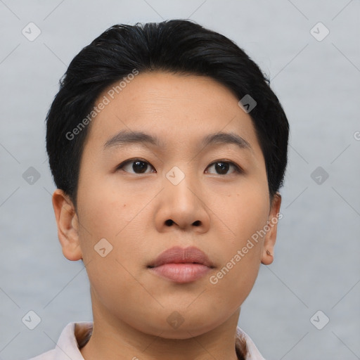 Neutral asian young-adult male with short  brown hair and brown eyes