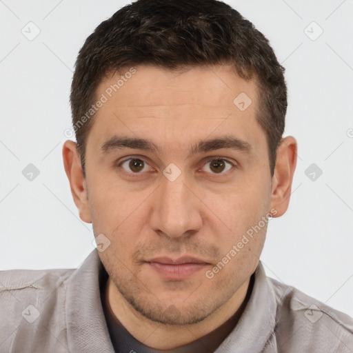 Neutral white adult male with short  brown hair and brown eyes