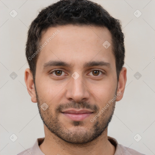 Neutral white young-adult male with short  brown hair and brown eyes