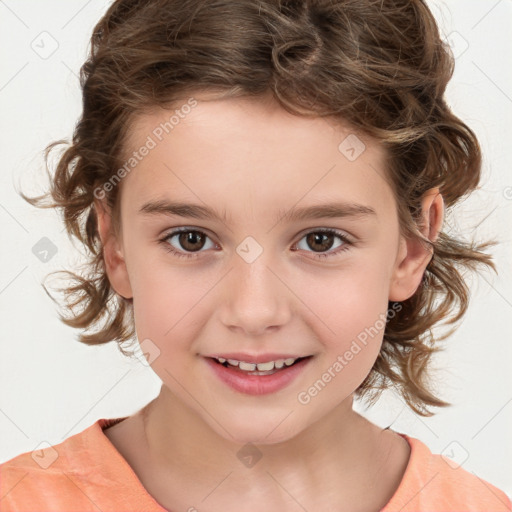 Joyful white child female with medium  brown hair and brown eyes