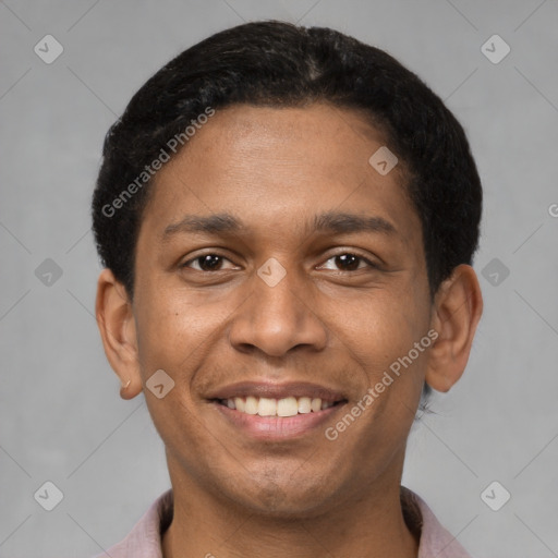 Joyful latino young-adult male with short  brown hair and brown eyes