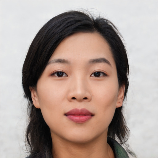 Neutral asian young-adult female with medium  black hair and brown eyes