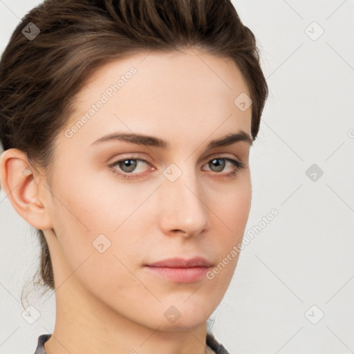 Neutral white young-adult female with short  brown hair and brown eyes