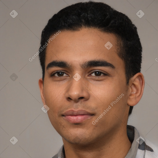 Neutral latino young-adult male with short  black hair and brown eyes