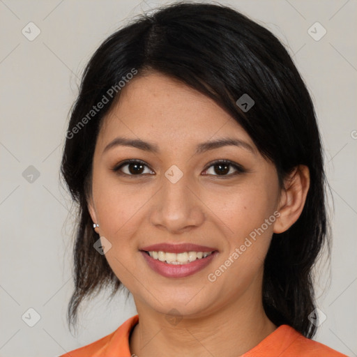 Joyful asian young-adult female with medium  black hair and brown eyes