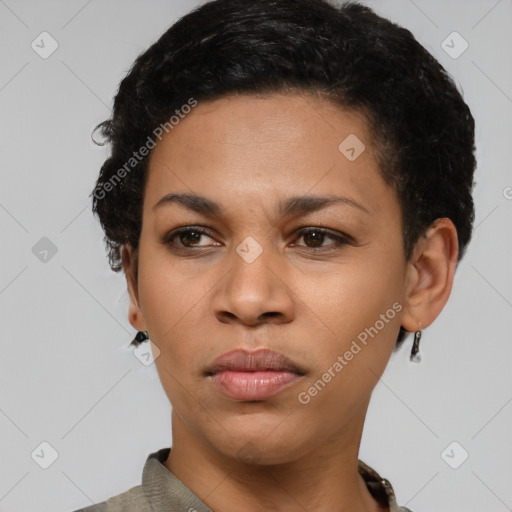 Neutral black young-adult female with short  black hair and brown eyes