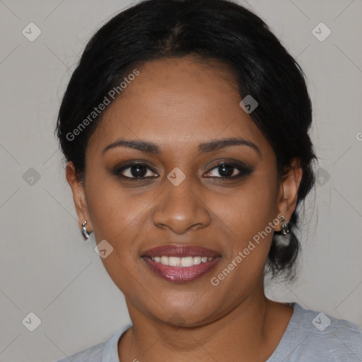 Joyful black young-adult female with medium  black hair and brown eyes